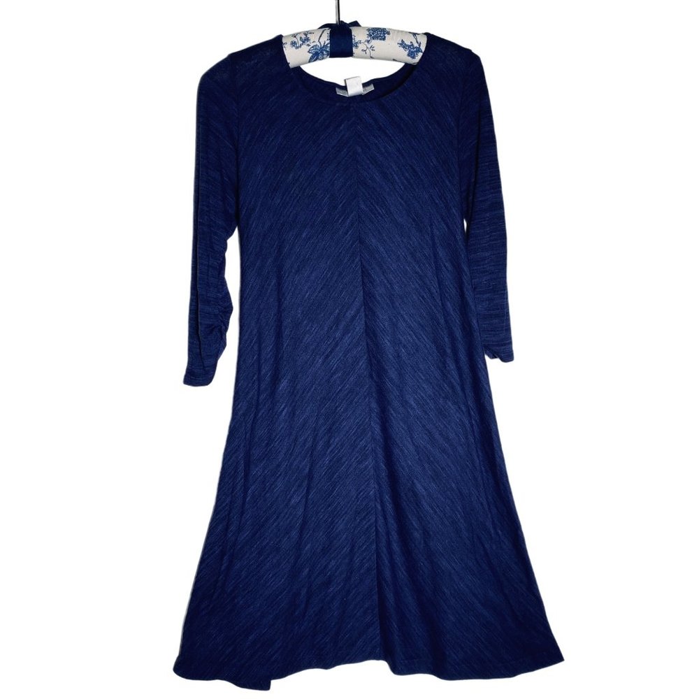 4/$25 Motherhood Maternity Knit Swing Dress Blue 3/4 Ruched Sleeve Waist Tie M